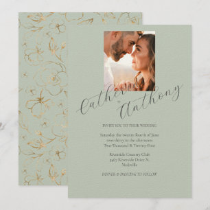 Modernes, elegantes Gold Sage Green Foto Hochzeit Einladung