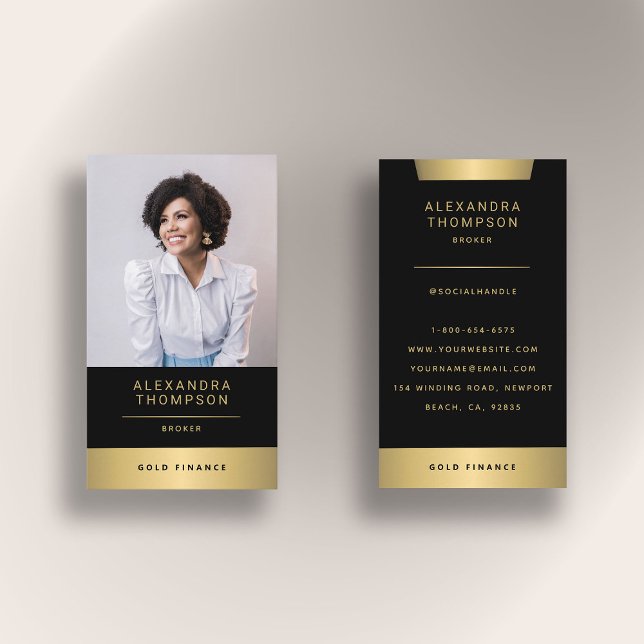 Modernes elegantes Gold Stripe CEO Berufliches Fot Visitenkarte (real estate photo business card black gold elegant simple modern professional broker agent)