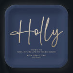 Modernes, elegantes, goldmarineblaues Skript Pappteller<br><div class="desc">Goldener Effekt und marineblau modernes minimalistisches Skript elegante geometrische Weihnachtsserie-Design.</div>