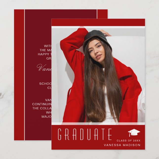 Modernes elegantes Graduate Stilvolles Foto Rot Ankündigung (Vorne/Hinten)
