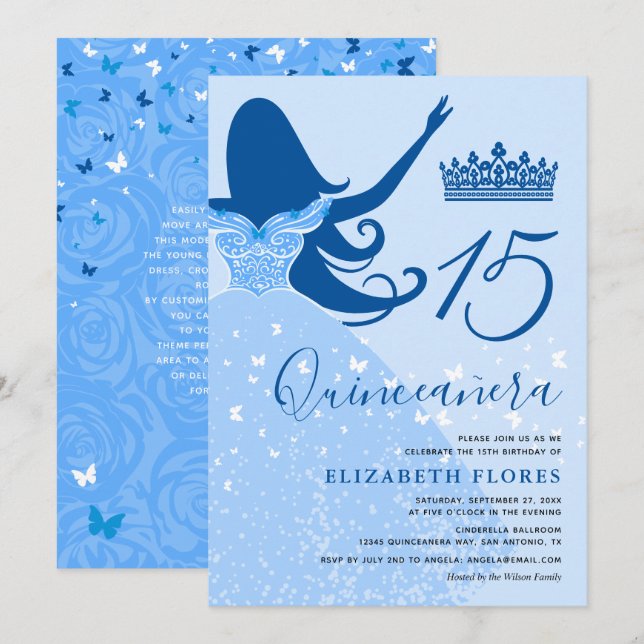 Modernes Elegantes Highlight Royal Blue Quinceaner Einladung (Vorne/Hinten)