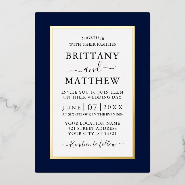 Modernes elegantes Hochzeitsheim Blue Gold Folieneinladung (Vorderseite)