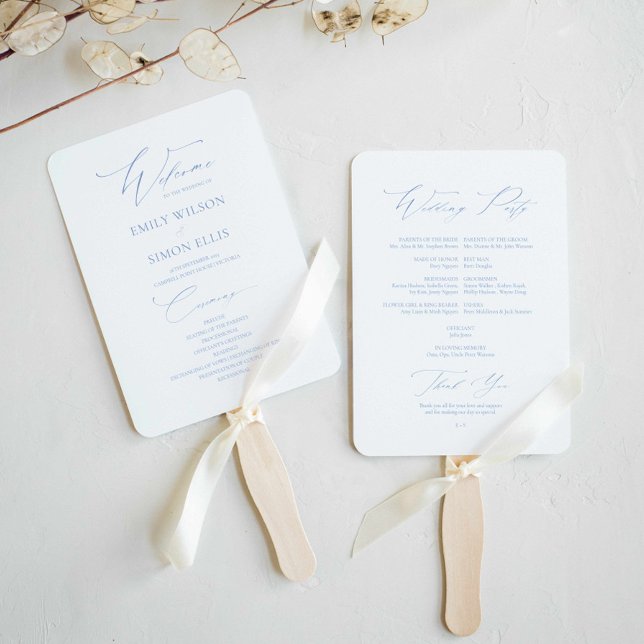 Modernes, elegantes Hochzeitsprogramm Dusty Blue Fächer (dusty blue wedding fan program, classy minimalist dusty blue wedding fan, elegant script wedding)