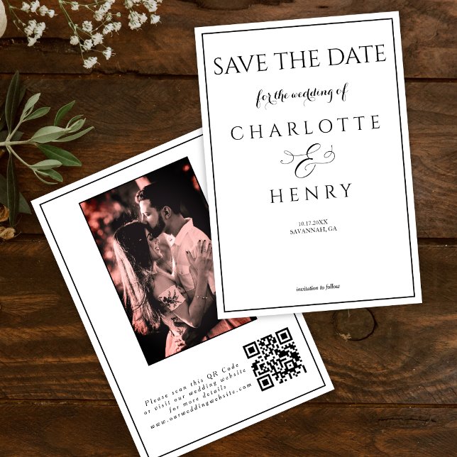 Modernes Elegantes Kalligrafie-Foto QR-Code Save The Date (Von Creator hochgeladen)