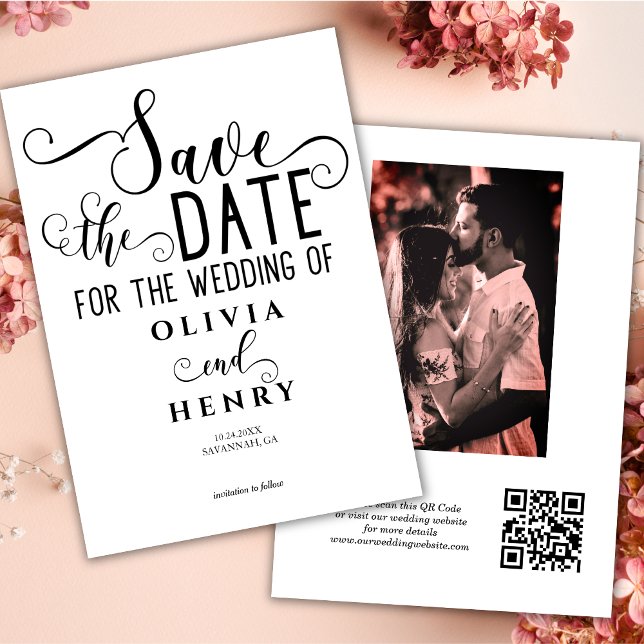 Modernes elegantes Kalligrafie-Script-Foto QR-Code Save The Date (Von Creator hochgeladen)