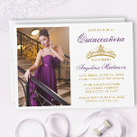 Modernes elegantes Lila Foto der Goldkrone Quincea Einladung<br><div class="desc">Moderne elegante Quinceanera Einladung mit Goldkrone und Foto - Lila</div>