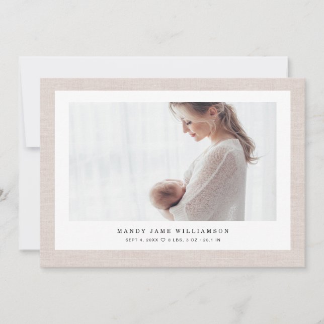 Modernes elegantes Linen Texture Baby Girl Foto Fo Ankündigung (Vorderseite)