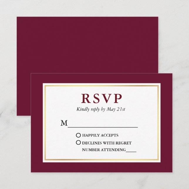 Modernes, elegantes Minimalistisches Burgund RSVP Karte (Vorne/Hinten)