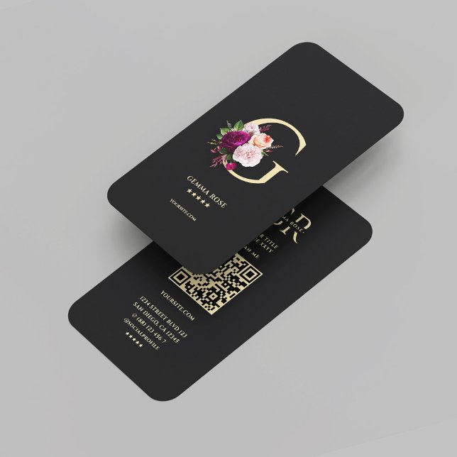 Modernes elegantes Monogram G Floral Black Gold Visitenkarte (Modern Elegant Monogram G Floral Black Gold Business Card
)