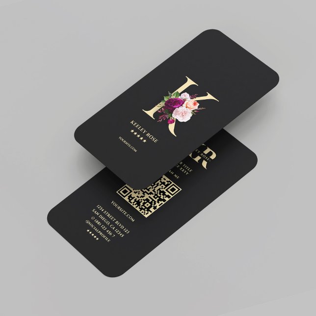 Modernes elegantes Monogram K Floral Black Gold Visitenkarte (Modern Elegant Monogram K Floral Black Gold Business Card
)