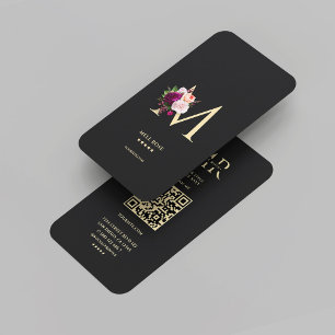 Modernes elegantes Monogram M Floral Black Gold Visitenkarte