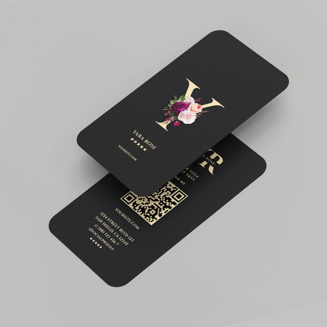 Modernes elegantes Monogram Y Floral Black Gold Visitenkarte (Modern Elegant Monogram Y Floral Black Gold Business Card
)