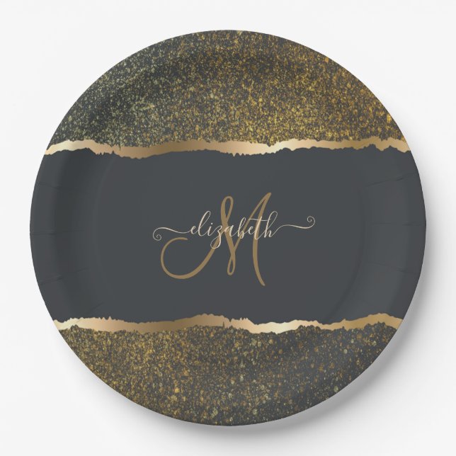 Modernes, elegantes Monogramm der Gold-Touch Pappteller (Vorderseite)