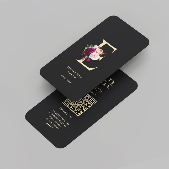 Modernes elegantes Monogramm E Floral Black Gold Visitenkarte (Modern Elegant Monogram E Floral Black Gold Business Card
)