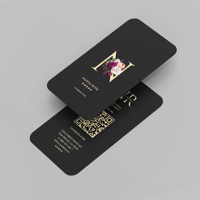 Modernes elegantes Monogramm N Floral Black Gold Visitenkarte (Modern Elegant Monogram N Floral Black Gold Business Card
)