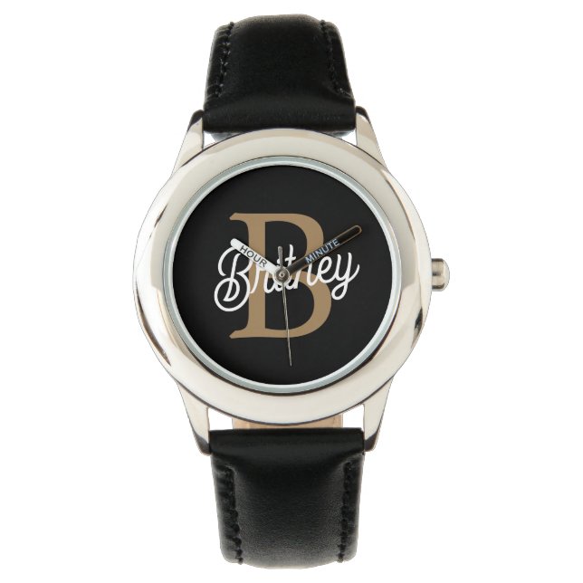 Modernes elegantes Monogramm Name Black Gold Scrip Armbanduhr (Vorderseite)