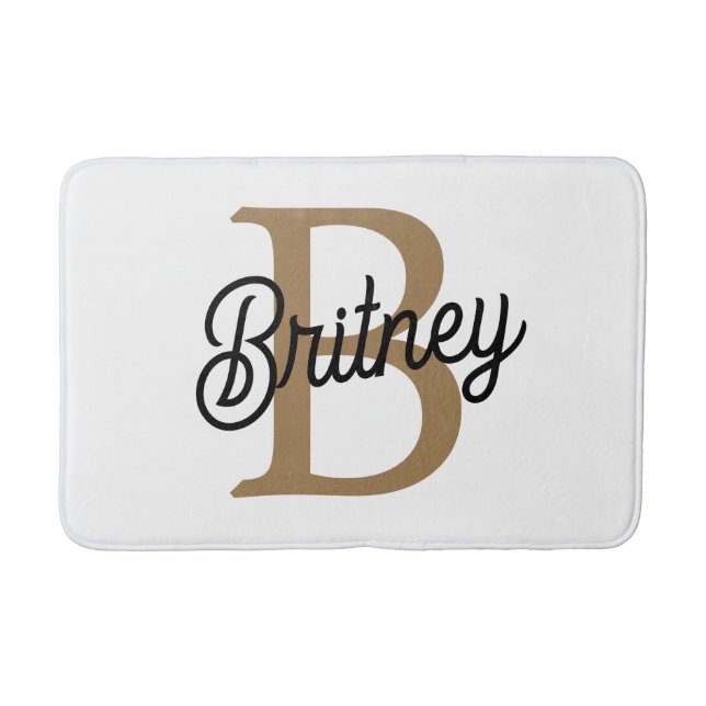 Modernes elegantes Monogramm Name Black Gold Scrip Badematte (Vorderseite)