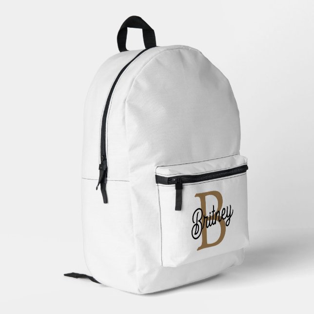 Modernes elegantes Monogramm Name Black Gold Scrip Bedruckter Rucksack (Rückseitige Ecke links)