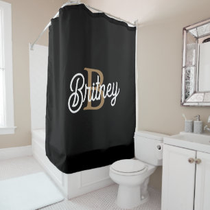 Modernes elegantes Monogramm Name Black Gold Scrip Duschvorhang