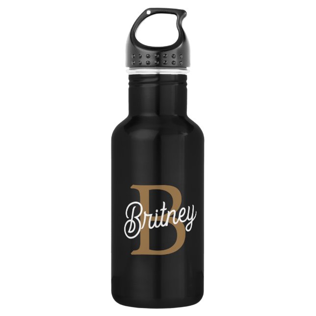Modernes elegantes Monogramm Name Black Gold Scrip Edelstahlflasche (Vorderseite)