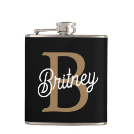 Modernes elegantes Monogramm Name Black Gold Scrip Flachmann