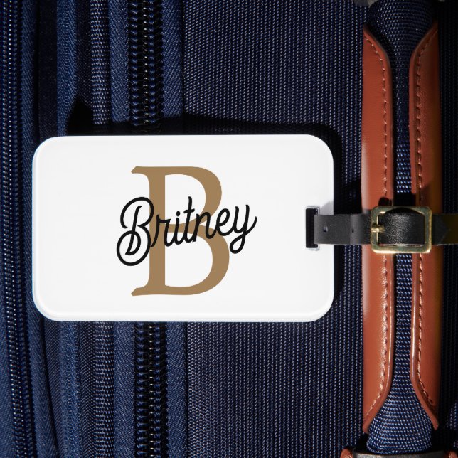 Modernes elegantes Monogramm Name Black Gold Scrip Gepäckanhänger (Vorderseite Insitu 4)