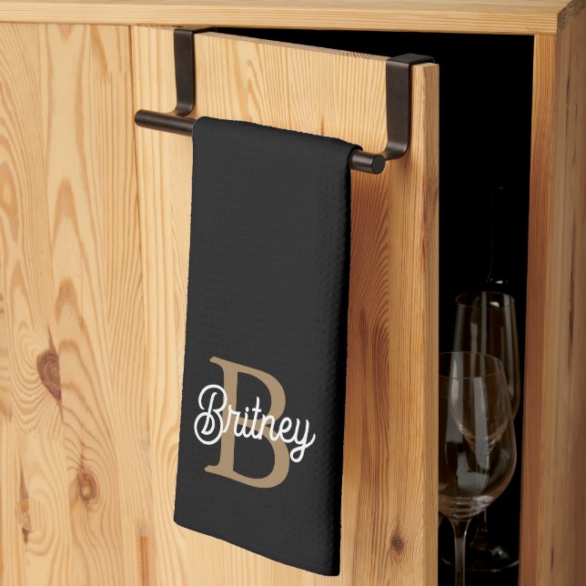 Modernes elegantes Monogramm Name Black Gold Scrip Geschirrtuch (Drittel gefaltet)