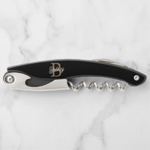 Modernes elegantes Monogramm Name Black Gold Scrip Kellnermesser
