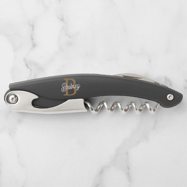 Modernes elegantes Monogramm Name Black Gold Scrip Kellnermesser (Vorderseite)