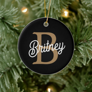 Modernes elegantes Monogramm Name Black Gold Scrip Keramik Ornament