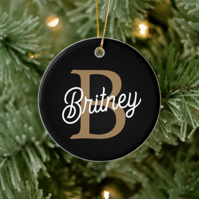 Modernes elegantes Monogramm Name Black Gold Scrip Keramik Ornament (Baum)