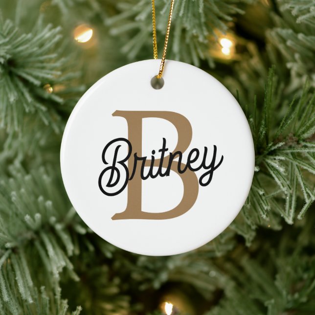 Modernes elegantes Monogramm Name Black Gold Scrip Keramik Ornament (Baum)