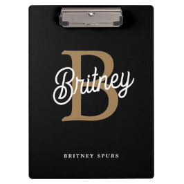 Modernes elegantes Monogramm Name Black Gold Scrip Klemmbrett