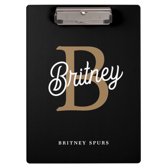 Modernes elegantes Monogramm Name Black Gold Scrip Klemmbrett (Vorderseite)