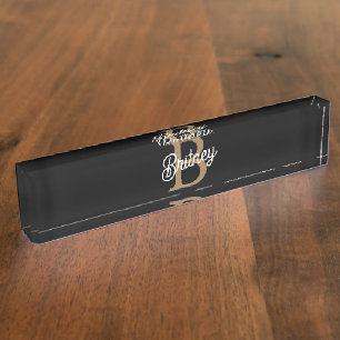 Modernes elegantes Monogramm Name Black Gold Scrip Namensplakette