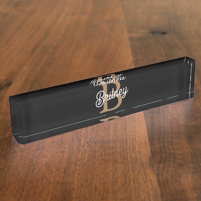 Modernes elegantes Monogramm Name Black Gold Scrip Namensplakette (Seite)