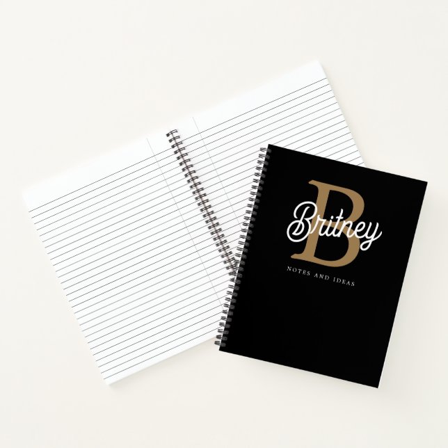Modernes elegantes Monogramm Name Black Gold Scrip Notizbuch (Innenseite)