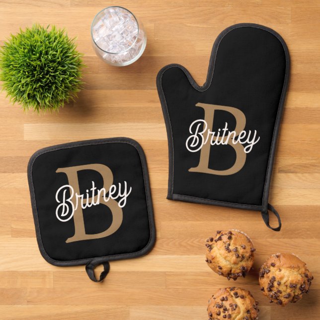 Modernes elegantes Monogramm Name Black Gold Scrip Ofenhandschuh & Topflappen-Set (Oben Unten)
