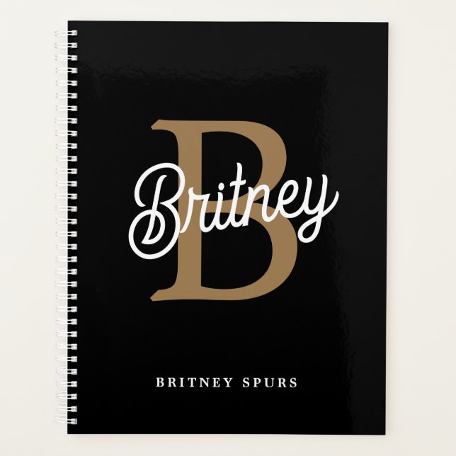 Modernes elegantes Monogramm Name Black Gold Scrip Planer (Vorderseite)
