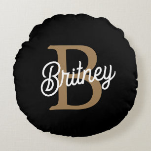 Modernes elegantes Monogramm Name Black Gold Scrip Rundes Kissen