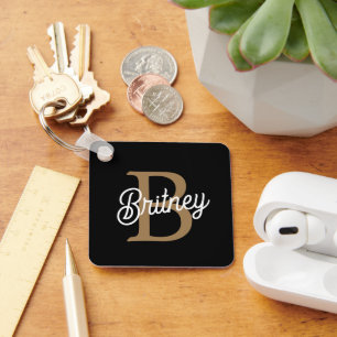 Modernes elegantes Monogramm Name Black Gold Scrip Schlüsselanhänger