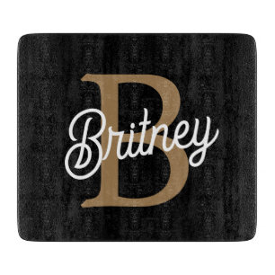 Modernes elegantes Monogramm Name Black Gold Scrip Schneidebrett