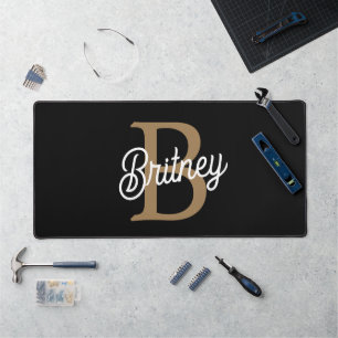 Modernes elegantes Monogramm Name Black Gold Scrip Schreibtischunterlage