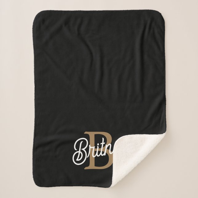 Modernes elegantes Monogramm Name Black Gold Scrip Sherpadecke (Vorderseite)