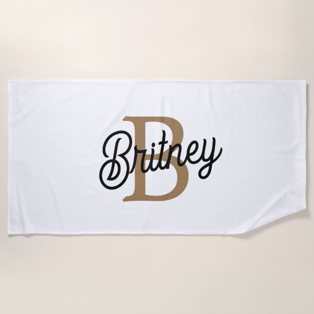 Modernes elegantes Monogramm Name Black Gold Scrip Strandtuch (Vorderseite)