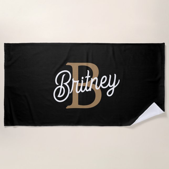 Modernes elegantes Monogramm Name Black Gold Scrip Strandtuch (Vorderseite)