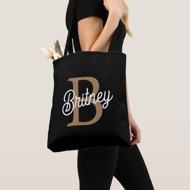 Modernes elegantes Monogramm Name Black Gold Scrip Tasche (Von Nahem)