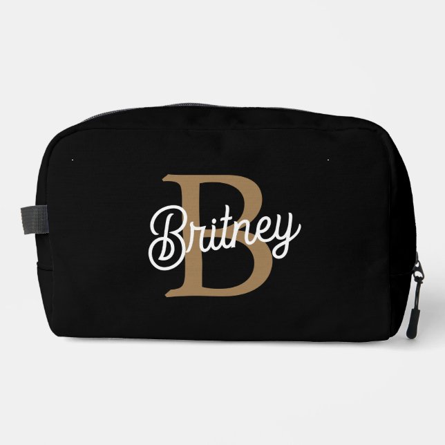 Modernes elegantes Monogramm Name Black Gold Scrip Waschbeutel (Vorderseite)