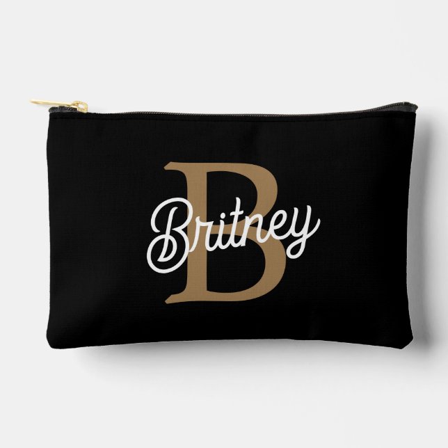 Modernes elegantes Monogramm Name Black Gold Scrip Zubehörtasche (Vorderseite)
