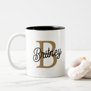 Modernes elegantes Monogramm Name Black Gold Scrip Zweifarbige Tasse